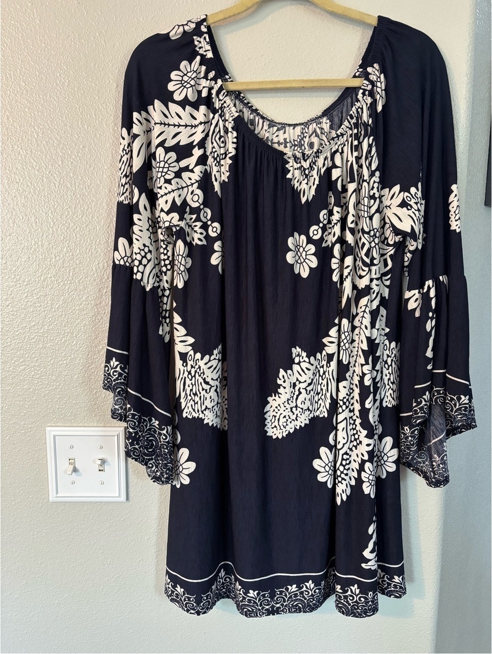 Boho Floral Bell Sleeve Mini Dress 3XL Long Tunic Shirt Black White